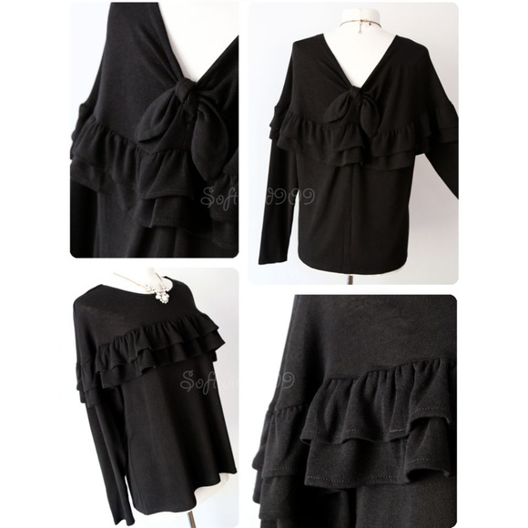 Last☝️ Black Ruffle Bow Back Soft Cute Sweater Top - Picture 6 of 8